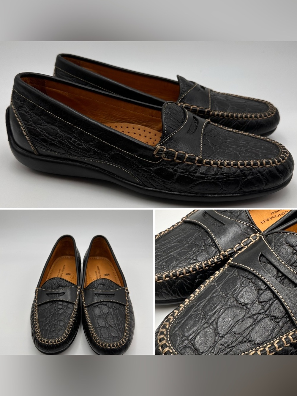 MARTIN DINGMAN MENS LOAFERS SZ 8.5 BLACK ALLIGATOR GRAIN LEATHER DRIVING SHOES
